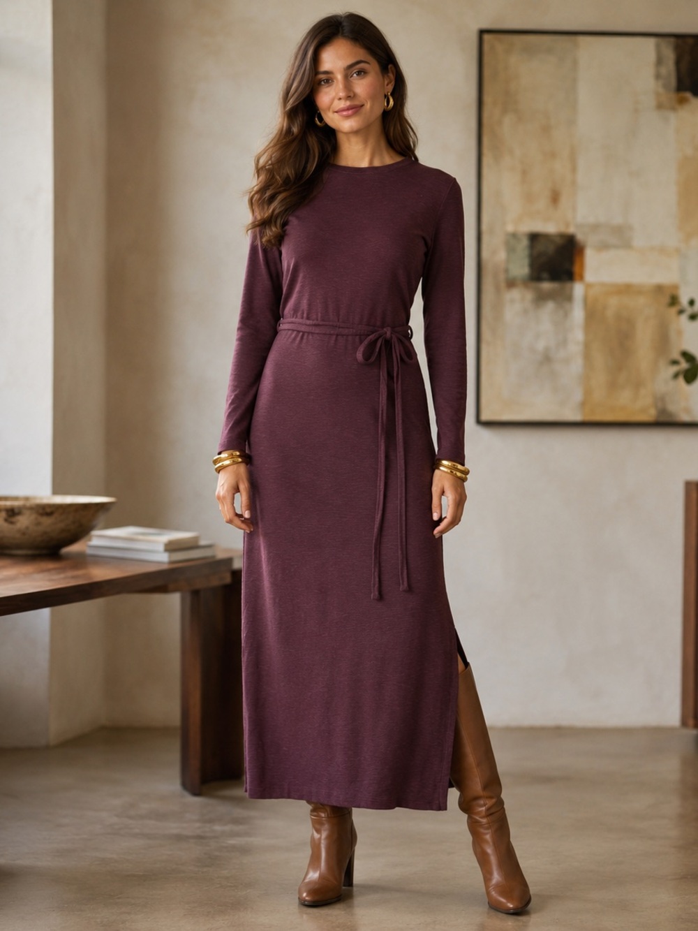 LILLA P Wine Country Belted Cotton Slub Maxi Dress- Size M